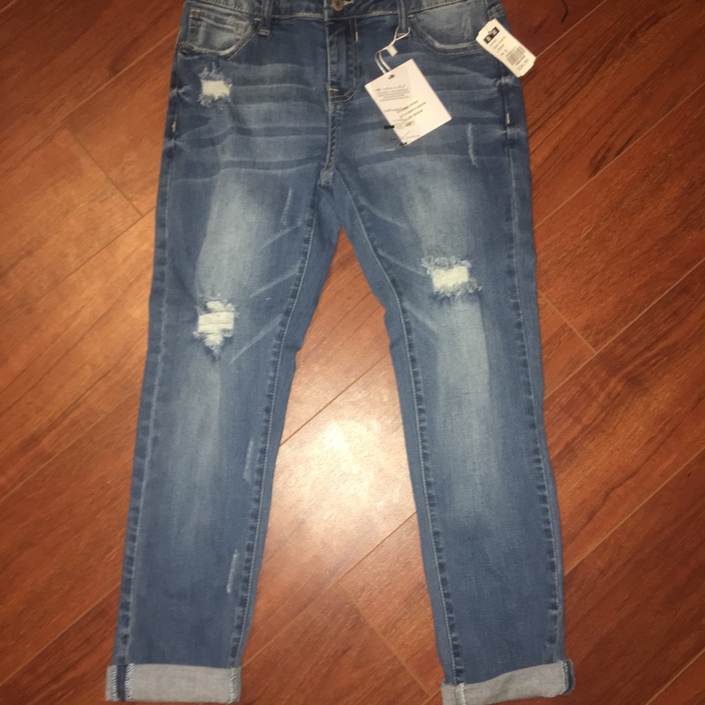 Distressed Skinny Denim Jeans Mid-Rise Calf Pants